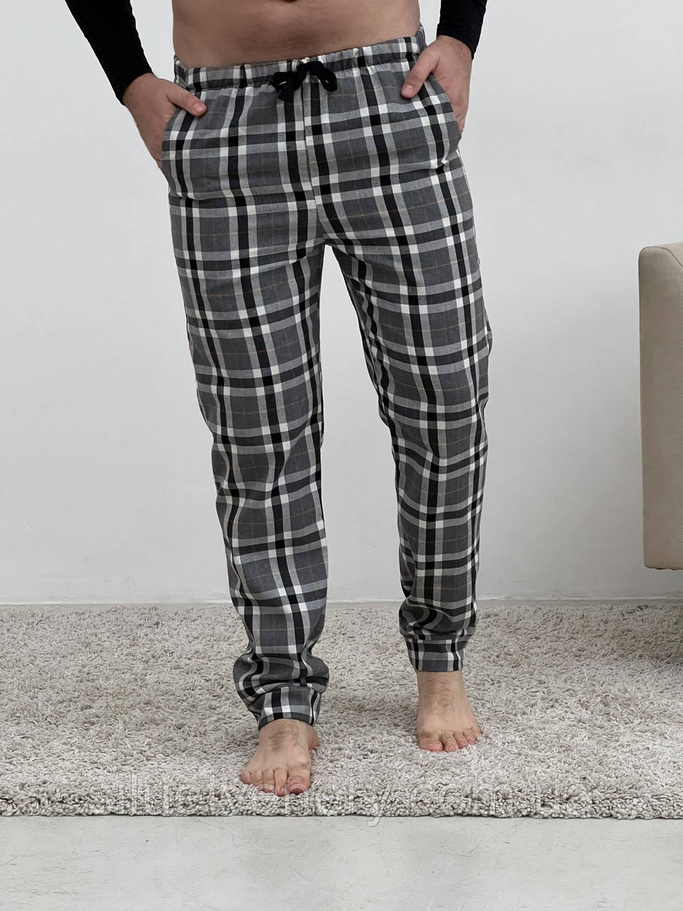 Чоловічі штани піжамні COSY домашні із фланелі в клітину сірі - купить в магазине Силуэт Венеры по цене 750 грн.